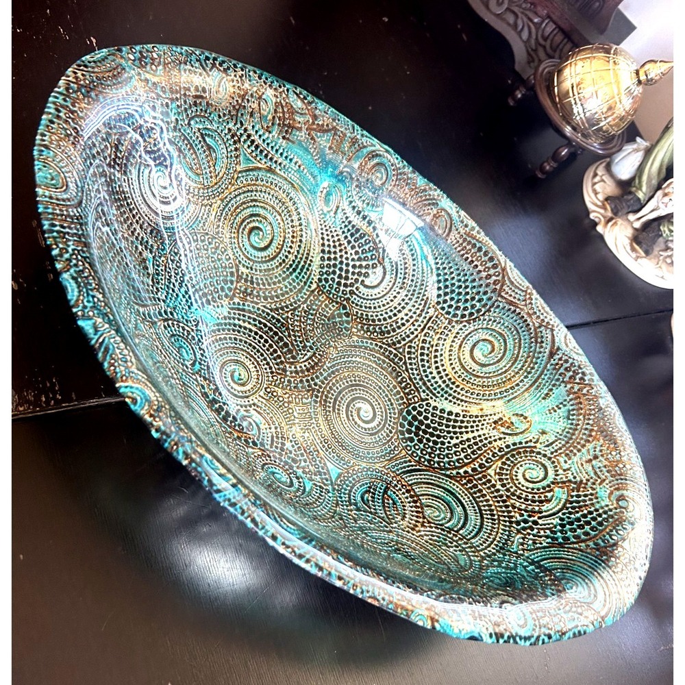 Silverina Turkish Blue Silver Swirl Bowl 11.5" Oval Handmade 3D Glass